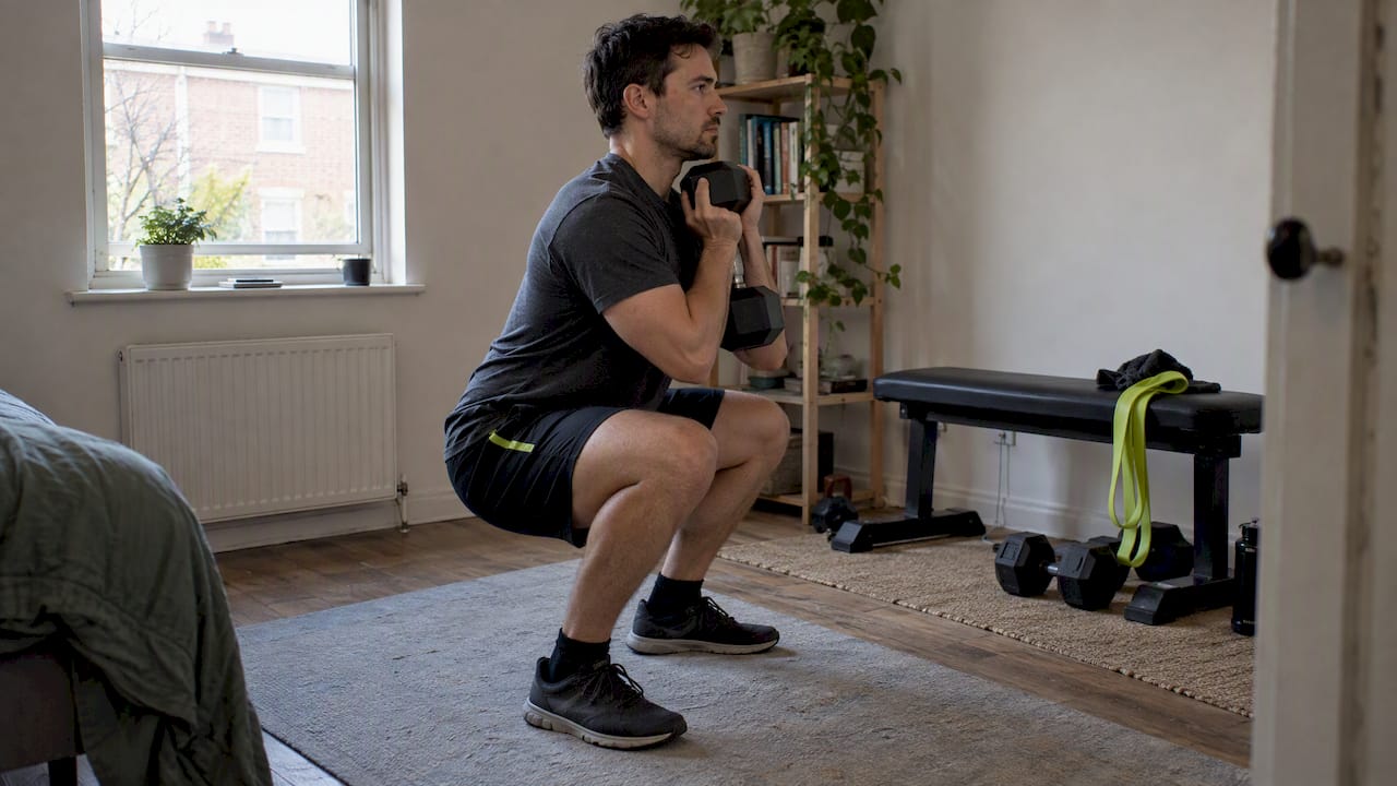 Beginner practicing a dumbbell goblet squat at home