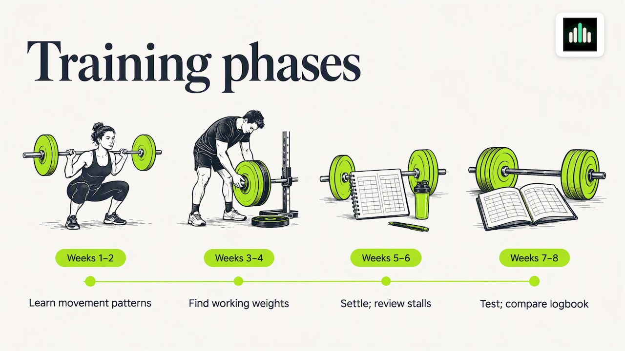 Four two-week phases of the beginner strength program