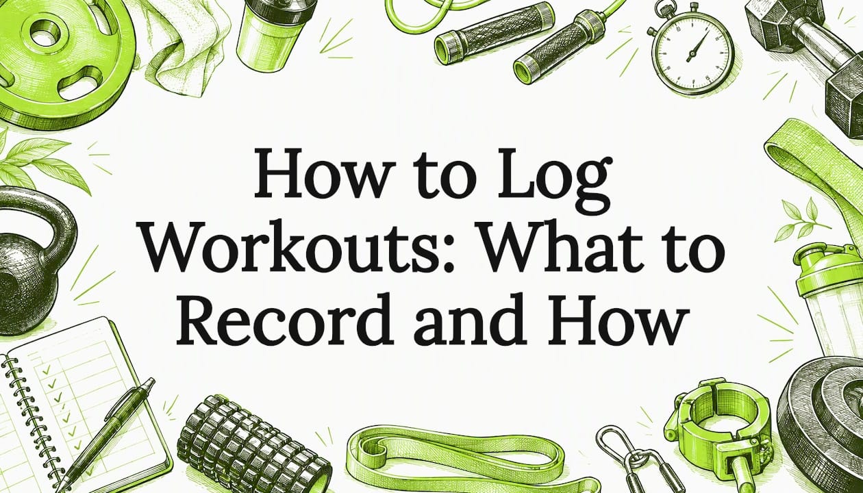 Workout log title card with strength training sketches
