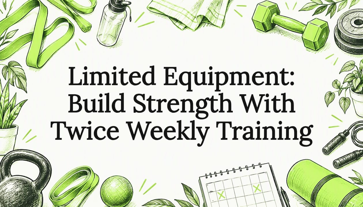 Hand-drawn strength-training gear framing title space