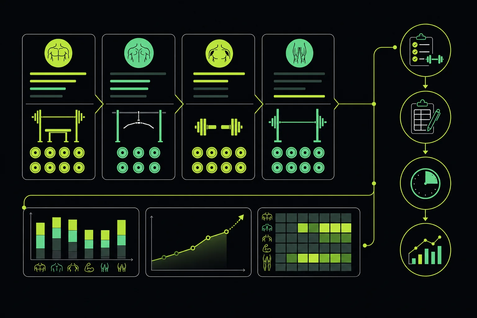 strength training app selection diagram showing routine setup, workout logging, progression, and weekly volume review.