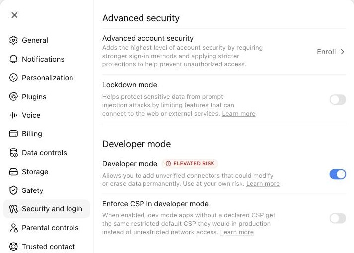 Lülita Security and login all sisse Developer mode'i lüliti.