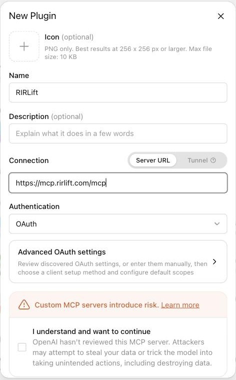 Täida vorm New Plugin RIRLifti serveri aadressiga ja klõpsa Create.