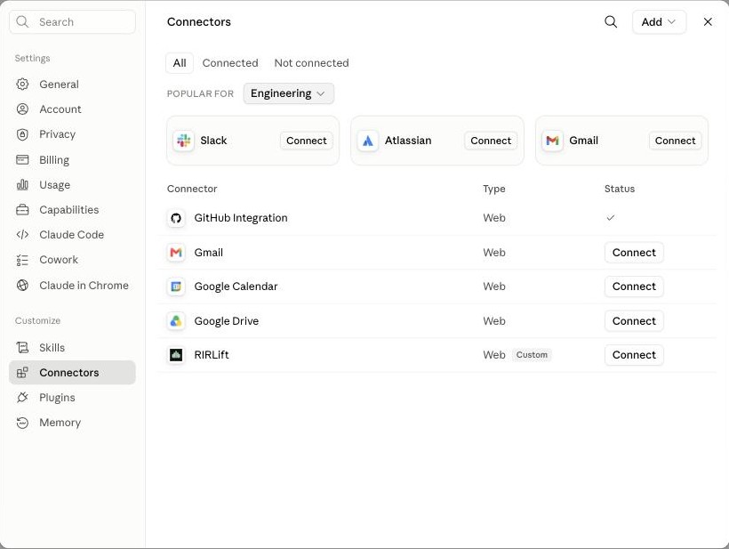 claude.ai nustatymuose atidaryk Connectors skiltyje Customize.